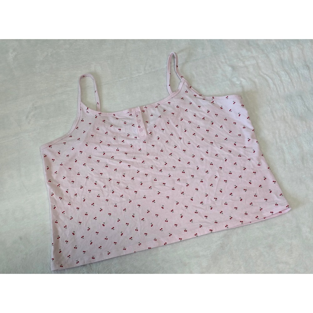 No Boundaries Pink Cherry Print Henley Cami Tank Top Y2K XXL 20